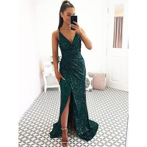

Mermaid / Trumpet Sheath / Column Prom Dresses Sexy Dress Party Wear Sweep / Brush Train Sleeveless V Neck Sequined Backless with Sequin Slit 2022 / Formal Evening / Sparkle & Shine