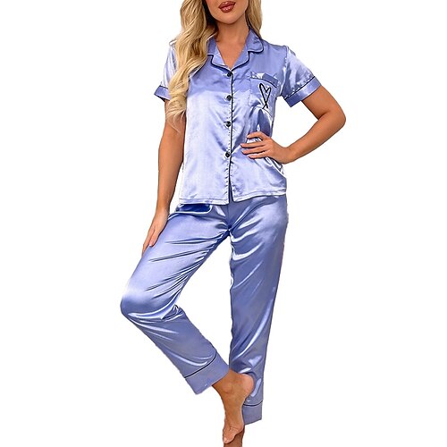 Women's Pajamas Sets Nighty Heart Comfort Home Silk Lapel Short Sleeve Pant Embroidery Button Spring Summer Blue / Satin
Women's Pajamas Sets Nighty Heart Comfort Home Silk Lapel Short Sleeve Pant Embroidery Button Spring Summer Blue / Satin