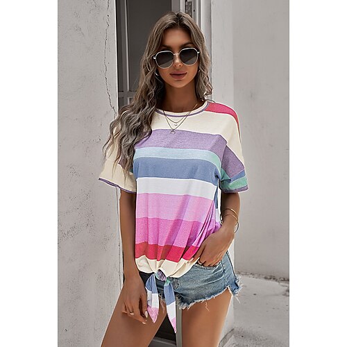 Women's Striped Color Block Casual Weekend Painting T shirt Tee Short Sleeve Print Round Neck Basic Essential Tops Purple Pink S
Women's Striped Color Block Casual Weekend Painting T shirt Tee Short Sleeve Print Round Neck Basic Essential Tops Purple Pink S