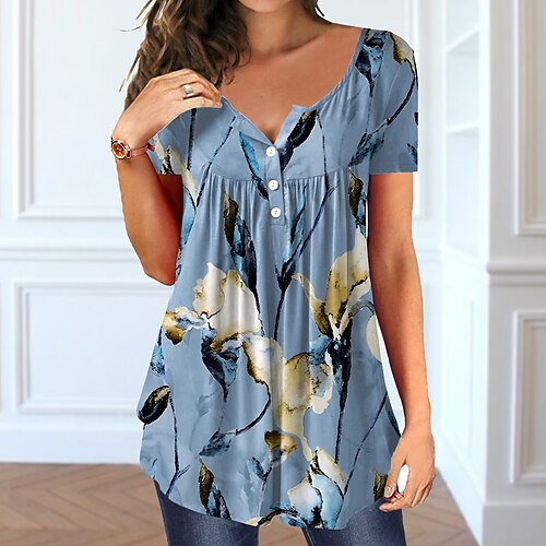 Women's T shirt Tee Tunic Green Blue Red Floral Button Flowing tunic Short Sleeve Casual Holiday Basic V Neck Long Floral Painting S / Print
Women's T shirt Tee Tunic Green Blue Red Floral Button Flowing tunic Short Sleeve Casual Holiday Basic V Neck Long Floral Painting S / Print