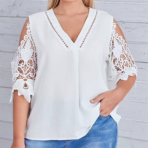 Women's Plus Size Tops Blouse Shirt Plain Cut Out Lace Half Sleeve V Neck Streetwear Daily Back to School Polyester Spring Summer White
Women's Plus Size Tops Blouse Shirt Plain Cut Out Lace Half Sleeve V Neck Streetwear Daily Back to School Polyester Spring Summer White