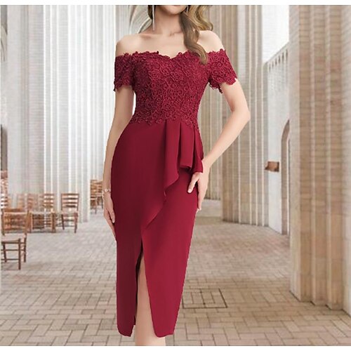 Tube / kolonne Kjole til brudens mor Elegant Sexet Skulderfri Te-længde Blondelukning Strækstof 3/4-ærmer med Applikeret broderi Opdelt front Sidedrapering 2023
Tube / kolonne Kjole til brudens mor Elegant Sexet Skulderfri Te-længde Blondelukning Strækstof 3/4-ærmer med Applikeret broderi Opdelt front Sidedrapering 2023