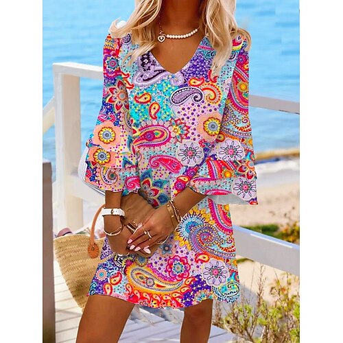 

Women's Shift Dress Short Mini Dress Rainbow Red 3/4 Length Sleeve Paisley Geometric Ruffle Patchwork Fall Spring V Neck Stylish Casual Vacation Flare Cuff Sleeve Belt Not Included Loose 2022 S M L