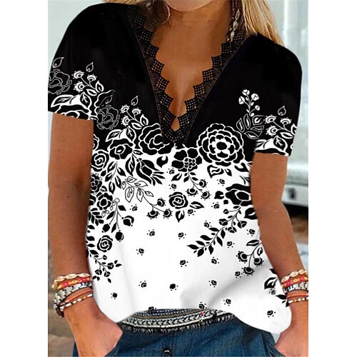 Women's Plus Size Tops T shirt Tee Floral Color Gradient Lace Trims Print Short Sleeve V Neck Streetwear Daily Going out Polyester Spring Summer White Black
Women's Plus Size Tops T shirt Tee Floral Color Gradient Lace Trims Print Short Sleeve V Neck Streetwear Daily Going out Polyester Spring Summer White Black