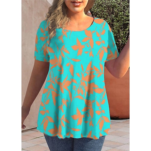 

Women's Plus Size Tops T shirt Tee Leaf Print Short Sleeve Crewneck Streetwear Preppy Daily Going out Cotton Spandex Jersey Spring Summer Green Blue