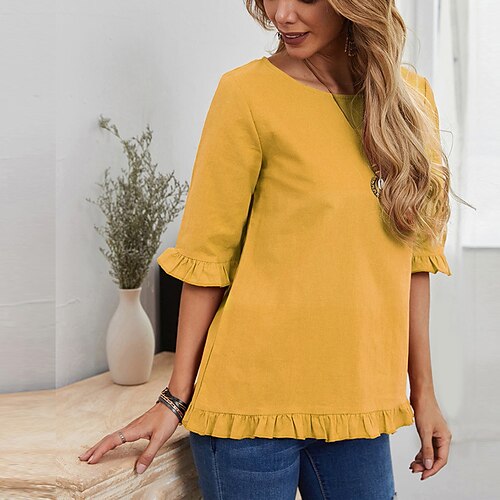 Women's Plain Casual Daily Weekend Blouse Half Sleeve Ruffle Patchwork Round Neck Casual Vintage Tops Black Gray Yellow S
Women's Plain Casual Daily Weekend Blouse Half Sleeve Ruffle Patchwork Round Neck Casual Vintage Tops Black Gray Yellow S