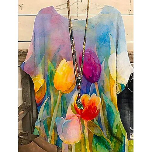 

Women's Plus Size T shirt Tee Blouse Chiffon Floral Graphic Daily Weekend Print Dolman Sleeve Blue Short Sleeve Basic Crew Neck Summer Spring