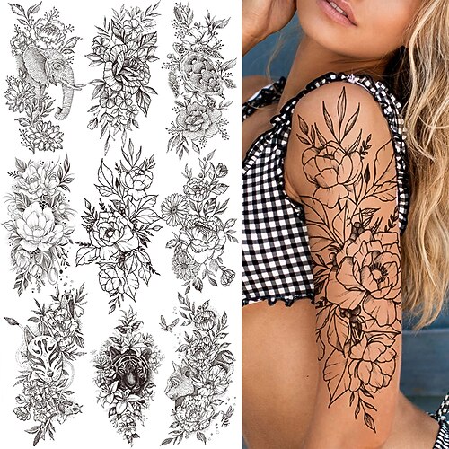 9 pcs Realistic Fake Peony Temporary Tattoos For Women Girl Black Rose Elephant Flower Tattoo Sticker Tiger Anemone Tatoos Half Sleeve
9 pcs Realistic Fake Peony Temporary Tattoos For Women Girl Black Rose Elephant Flower Tattoo Sticker Tiger Anemone Tatoos Half Sleeve