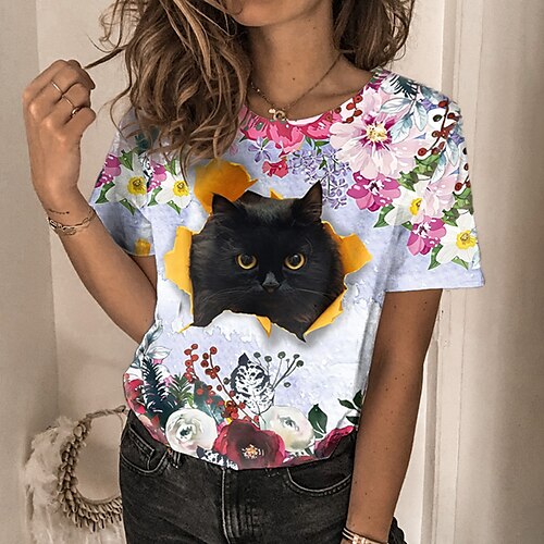 Women's T shirt Tee Green Red Floral Cat Print Short Sleeve Casual Holiday Basic Round Neck Regular Floral 3D Cat Painting S / 3D Print
Women's T shirt Tee Green Red Floral Cat Print Short Sleeve Casual Holiday Basic Round Neck Regular Floral 3D Cat Painting S / 3D Print