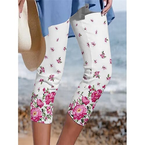 

Women's Pants Trousers Leggings Capri shorts Black / White Blue Yellow Mid Waist Fashion Casual Leisure Sports Weekend Print Stretchy Calf-Length Comfort Flower / Floral S M L XL XXL / Slim
