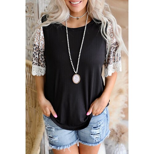 Women's Leopard Casual Weekend Painting T shirt Tee Short Sleeve Lace Trims Print Round Neck Basic Essential Tops Black Pink S
Women's Leopard Casual Weekend Painting T shirt Tee Short Sleeve Lace Trims Print Round Neck Basic Essential Tops Black Pink S