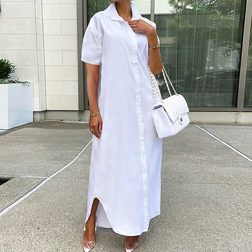 Women's Shirt Dress Long Dress Maxi Dress White Short Sleeve Pure Color Button Spring Summer Shirt Collar Loose Fit 2023 S M L XL XXL
Women's Shirt Dress Long Dress Maxi Dress White Short Sleeve Pure Color Button Spring Summer Shirt Collar Loose Fit 2023 S M L XL XXL