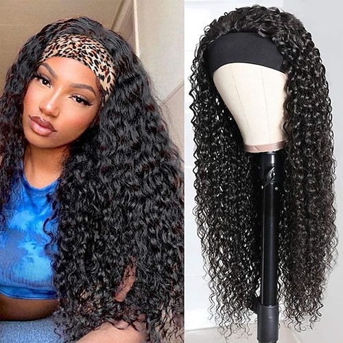 

Remy Human Hair Wig Long Deep Wave With Headband Natural Black Adjustable Natural Hairline Glueless Machine Made Capless Brazilian Hair All Natural Black #1B 10 inch 12 inch 14 inch Daily Wear Party