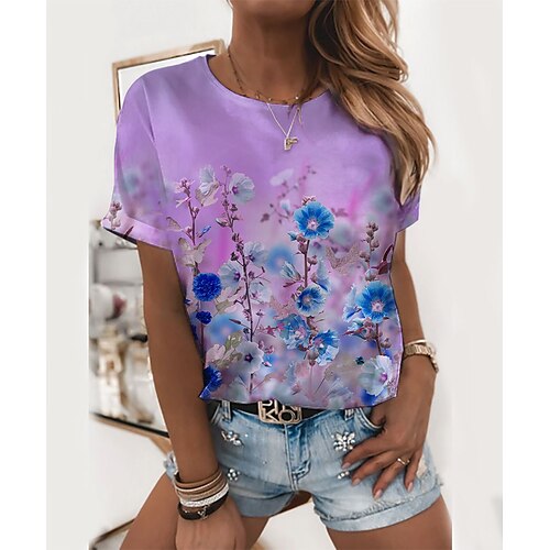 Women's T shirt Tee Blue Purple Pink Floral Print Short Sleeve Casual Holiday Basic Round Neck Regular Floral Painting S
Women's T shirt Tee Blue Purple Pink Floral Print Short Sleeve Casual Holiday Basic Round Neck Regular Floral Painting S