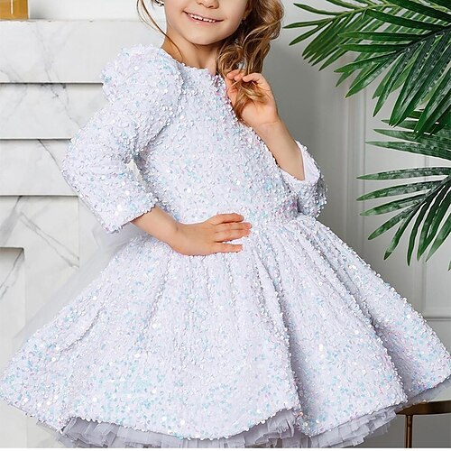 

Christmas Birthday Princess Flower Girl Dresses Jewel Neck Knee Length Sequined Poly&Cotton Blend with Ruching Paillette Sparkle & Shine Cute Girls' Party Dress Fit 3-16 Years