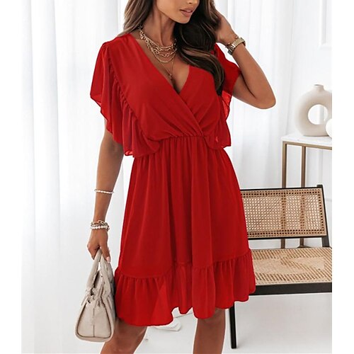 Women's Casual Dress Midi Dress Black Blue Pink Short Sleeve Pure Color Ruffle Spring Summer V Neck 2022 S M L XL XXL
Women's Casual Dress Midi Dress Black Blue Pink Short Sleeve Pure Color Ruffle Spring Summer V Neck 2022 S M L XL XXL