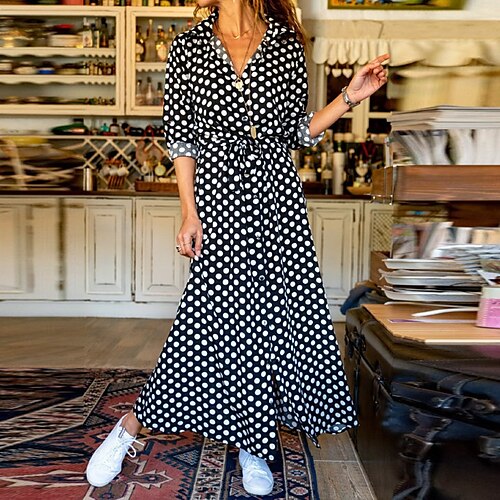 Women's Shirt Dress Maxi long Dress Black Long Sleeve Polka Dot Lace up Spring Summer Shirt Collar Casual 2022 S M L XL
Women's Shirt Dress Maxi long Dress Black Long Sleeve Polka Dot Lace up Spring Summer Shirt Collar Casual 2022 S M L XL