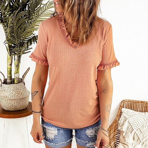 Women's Plain Casual Weekend T shirt Tee Short Sleeve Ruffle V Neck Basic Essential Tops Pink S
Women's Plain Casual Weekend T shirt Tee Short Sleeve Ruffle V Neck Basic Essential Tops Pink S