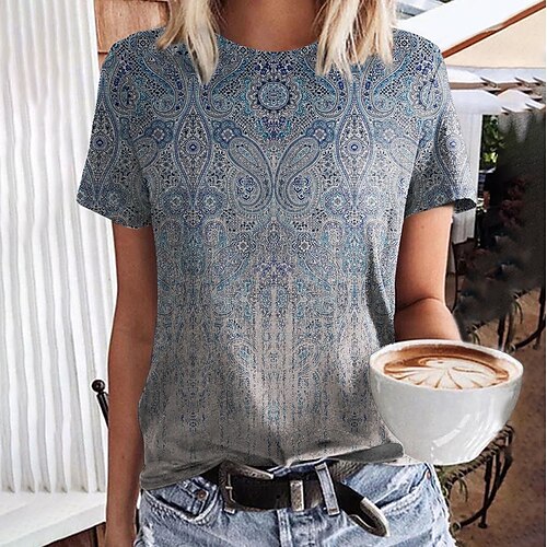 Mulheres Camiseta Azul Roxo Verde Estampado Cashemere Imprimir Manga Curta Casual Final de semana Básico Decote Redondo Padrão Pintura S
Mulheres Camiseta Azul Roxo Verde Estampado Cashemere Imprimir Manga Curta Casual Final de semana Básico Decote Redondo Padrão Pintura S