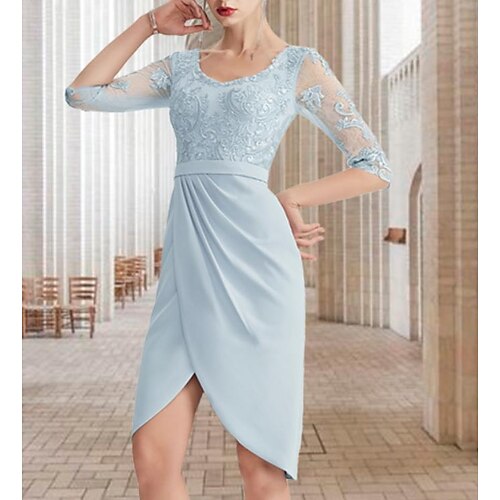Sheath / Column Mother of the Bride Dress Elegant Jewel Neck Knee Length Chiffon Lace Half Sleeve with Appliques Split Front 2022
Sheath / Column Mother of the Bride Dress Elegant Jewel Neck Knee Length Chiffon Lace Half Sleeve with Appliques Split Front 2022
