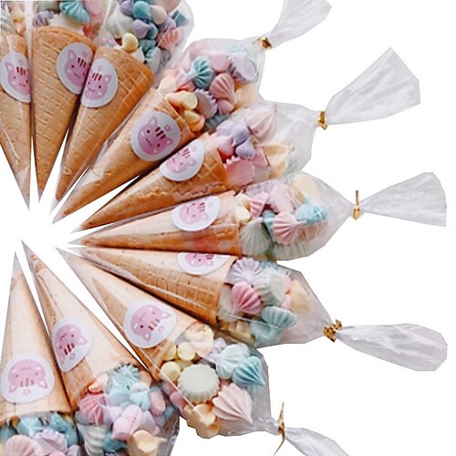 

100pcs/pack Clear Cellophane Packing Bag Transparent Cone Candy Bag For DIY Wedding Birthday Party Favors Bag Popcorn Plastic Bag
