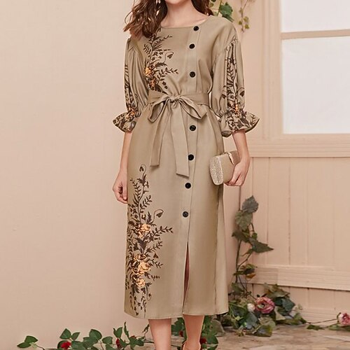 Women's Shirt Dress Midi Dress Camel Half Sleeve Floral Split With Belt Button Spring Summer Round Neck Stylish Elegant 2022 S M L XL
Women's Shirt Dress Midi Dress Camel Half Sleeve Floral Split With Belt Button Spring Summer Round Neck Stylish Elegant 2022 S M L XL