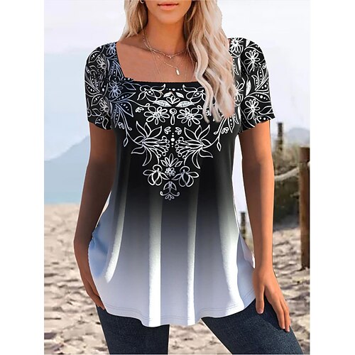 Women's T shirt Tee Black Color Gradient Flower Patchwork Print Short Sleeve Casual Daily Basic Square Neck Regular S / 3D Print
Women's T shirt Tee Black Color Gradient Flower Patchwork Print Short Sleeve Casual Daily Basic Square Neck Regular S / 3D Print