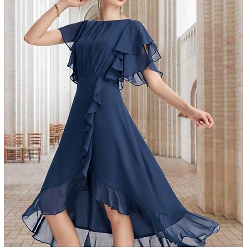 A-Line Mother of the Bride Dress Elegant Jewel Neck Asymmetrical Knee Length Chiffon Short Sleeve with Ruffles 2022
A-Line Mother of the Bride Dress Elegant Jewel Neck Asymmetrical Knee Length Chiffon Short Sleeve with Ruffles 2022