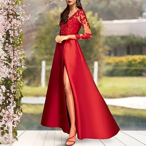 A-linje Kjole til brudens mor Elegant V-hals Gulvlengde Sateng Blonder 3/4 ermer med Appliqué Delt front 2023
A-linje Kjole til brudens mor Elegant V-hals Gulvlengde Sateng Blonder 3/4 ermer med Appliqué Delt front 2023