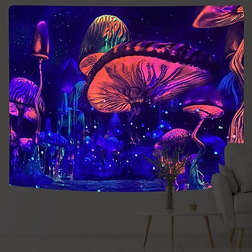 

Black UV Light Wall Tapestry Hanging Psychedelic Fluorescent Mushroom Wall Hanging Art Decor Blanket Curtain Picnic Tablecloth Hanging Home Bedroom Living Room