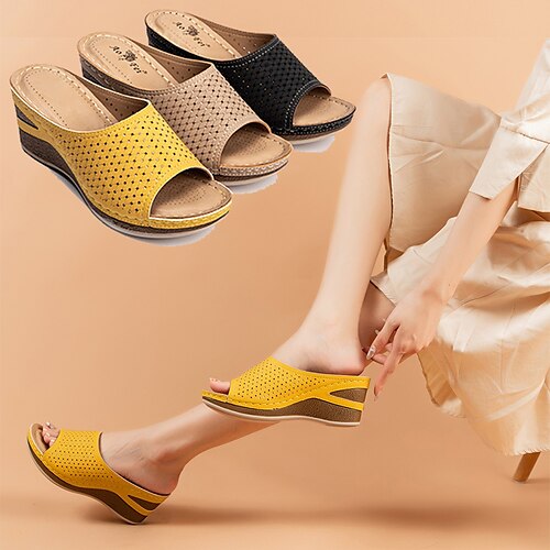 

Women's Mules Daily Wedding Sandals Summer Buckle Chunky Heel Round Toe Vintage PU Leather Loafer Polka Dot Almond Black Yellow