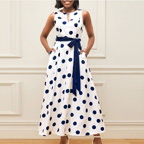 Women's A Line Dress Maxi long Dress White Sleeveless Polka Dot With Belt Cold Shoulder Summer V Neck Stylish Elegant 2022 S M L XL XXL
Women's A Line Dress Maxi long Dress White Sleeveless Polka Dot With Belt Cold Shoulder Summer V Neck Stylish Elegant 2022 S M L XL XXL