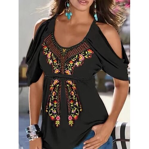 Women's T shirt Tee Green Blue Purple Floral Cold Shoulder Print Short Sleeve Casual Weekend Basic Ethnic U Neck Regular Floral Painting S / 3D Print
Women's T shirt Tee Green Blue Purple Floral Cold Shoulder Print Short Sleeve Casual Weekend Basic Ethnic U Neck Regular Floral Painting S / 3D Print