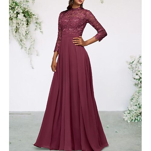 A-Line Mother of the Bride Dress Elegant High Neck Floor Length Chiffon Lace Long Sleeve with Pleats Appliques 2022
A-Line Mother of the Bride Dress Elegant High Neck Floor Length Chiffon Lace Long Sleeve with Pleats Appliques 2022