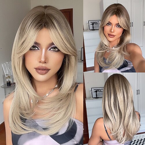 

HAIRCUBE Ombre Brown Long Layered Wigs With Bangs Auburn Black Blonde Wavy Wigs For Women Heat Resistant
