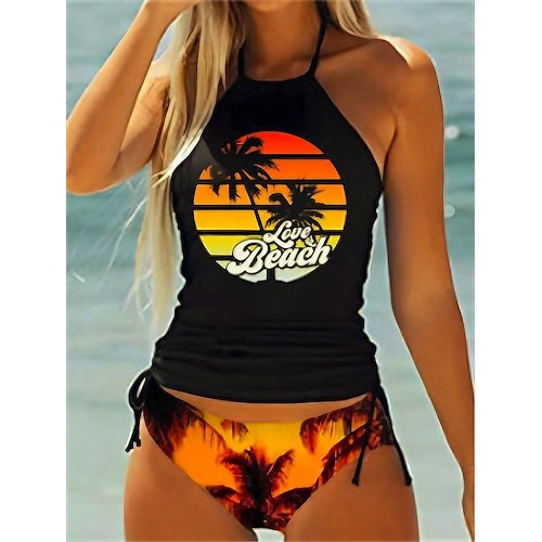 

Women's Swimwear Tankini 2 Piece Plus Size Swimsuit Backless Ruched Print Palm Tree Sunset Green Black Yellow Light Green Orange Bathing Suits New Sporty Casual / Vacation / Modern / Letter