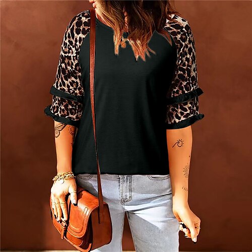 Women's T shirt Tee Blue Beige Gray Leopard Ruffle Print Half Sleeve Casual Weekend Basic Round Neck Regular Painting S
Women's T shirt Tee Blue Beige Gray Leopard Ruffle Print Half Sleeve Casual Weekend Basic Round Neck Regular Painting S