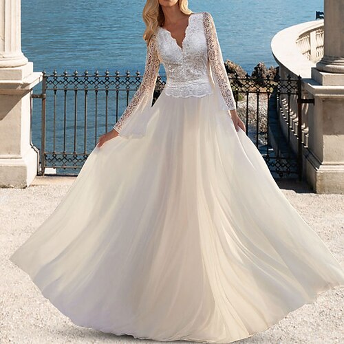 A-Line Wedding Dresses V Neck Sweep / Brush Train Chiffon Lace Long Sleeve Beach Boho Sexy Backless with Appliques 2022
A-Line Wedding Dresses V Neck Sweep / Brush Train Chiffon Lace Long Sleeve Beach Boho Sexy Backless with Appliques 2022