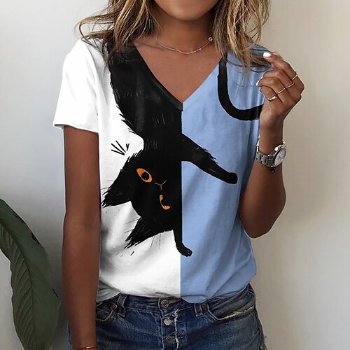 Women's T shirt Tee Green Blue Purple Color Block Cat Print Short Sleeve Casual Weekend Basic V Neck Regular Cat Painting S
Women's T shirt Tee Green Blue Purple Color Block Cat Print Short Sleeve Casual Weekend Basic V Neck Regular Cat Painting S
