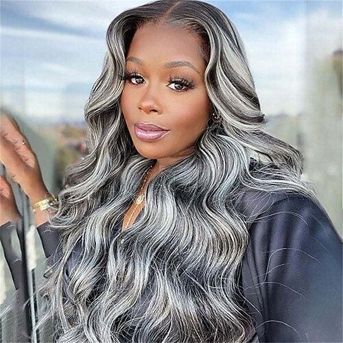 

European and American Wig Women's Fashion Mid-Section Long Curly Hair Wig Wavy Highlight Silver Gray Mechanism Full Head Headgear Wig