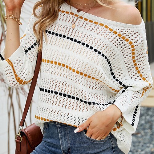 Women's Pullover Sweater jumper Jumper Crochet Knit Knitted Striped Boat Neck Stylish Casual Outdoor Holiday Winter Fall White S M L / Regular Fit / Going out
Women's Pullover Sweater jumper Jumper Crochet Knit Knitted Striped Boat Neck Stylish Casual Outdoor Holiday Winter Fall White S M L / Regular Fit / Going out