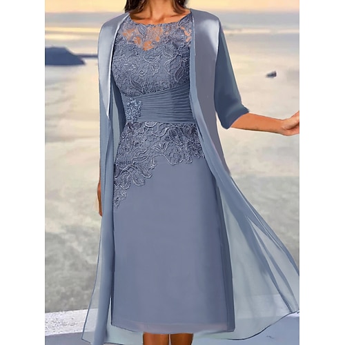 

Women's Chiffon Dress Midi Dress Dusty Blue 3/4 Length Sleeve Floral Embroidered Layered Ruched Spring Summer Crew Neck Elegant Mature 2022 S M L XL 2XL 3XL