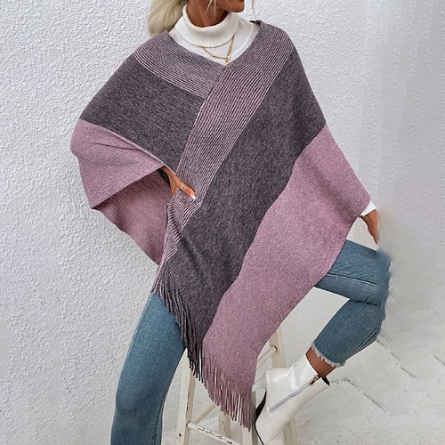 

Women's Poncho Sweater Jumper Ribbed Knit Tassel Knitted Color Block V Neck Stylish Casual Outdoor Daily Winter Fall Pink Red S M L / Long Sleeve / Regular Fit / Going out