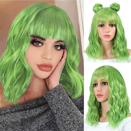 

Green Wigs for Women Short Wavy Bob Wig with Bangs Shoulder Length Natural Wavy Synthetic Wig Short Fluffy Bob Curly Wigs Cosplay Party Costume Wigs