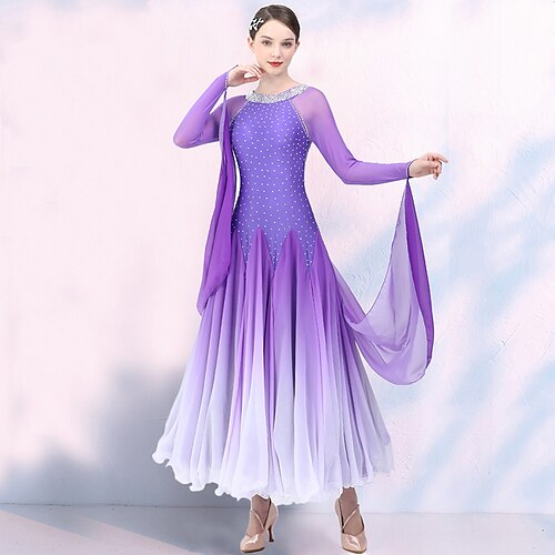 

Ballroom Dance Dress Split Joint Crystals / Rhinestones Women's Training Performance Long Sleeve Mesh Spandex Chiffon