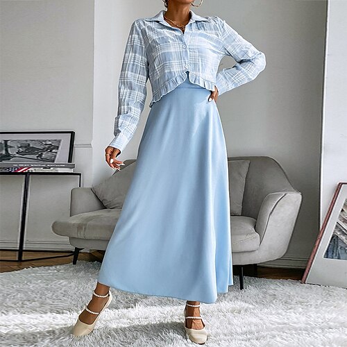 Women's Two Piece Dress Maxi long Dress Light Blue Long Sleeve Plaid Ruffle Fall Spring Shirt Collar Casual 2022 S M L XL
Women's Two Piece Dress Maxi long Dress Light Blue Long Sleeve Plaid Ruffle Fall Spring Shirt Collar Casual 2022 S M L XL