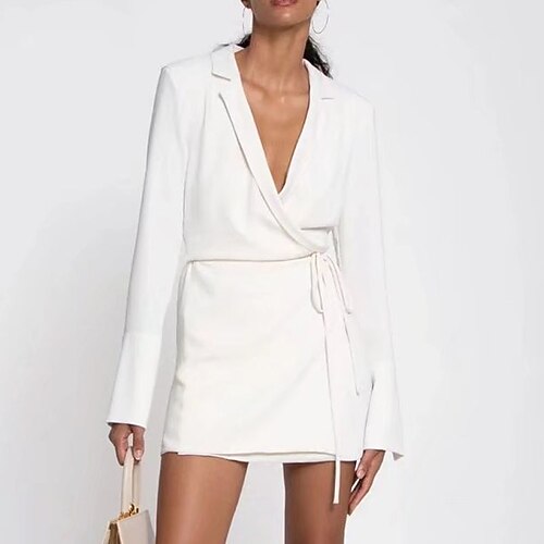 Women's Shift Dress Short Mini Dress White Long Sleeve Pure Color Lace up Fall Spring Shirt Collar Stylish Elegant 2022 S M L 
Women's Shift Dress Short Mini Dress White Long Sleeve Pure Color Lace up Fall Spring Shirt Collar Stylish Elegant 2022 S M L