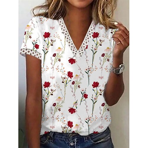 Women's T shirt Tee White Flower Patchwork Lace Trims Short Sleeve Casual Daily Basic V Neck Regular Floral S / 3D Print / Print
Women's T shirt Tee White Flower Patchwork Lace Trims Short Sleeve Casual Daily Basic V Neck Regular Floral S / 3D Print / Print