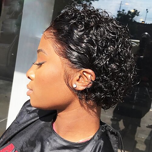 

Remy Human Hair 13x1 Lace Front Wig Pixie Cut Free Part Brazilian Hair Curly Black Wig 120% Density Natural Hairline 100% Virgin For wigs for black women Short Human Hair Lace Wig / Daily Wear