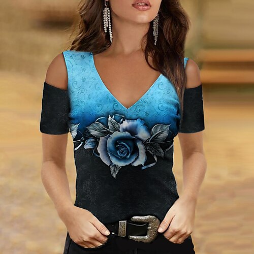 Women's T shirt Tee Rose Casual Holiday Weekend Floral Painting T shirt Tee Short Sleeve Cut Out Print V Neck Basic Essential Green Blue Purple S / 3D Print
Women's T shirt Tee Rose Casual Holiday Weekend Floral Painting T shirt Tee Short Sleeve Cut Out Print V Neck Basic Essential Green Blue Purple S / 3D Print